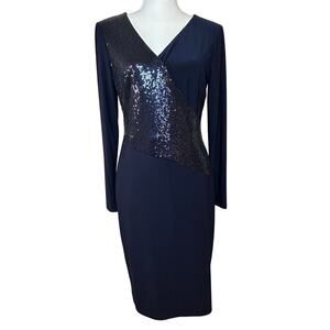 Lauren Ralph Lauren navy sequin panel v-neck jersey stretch dress size 8